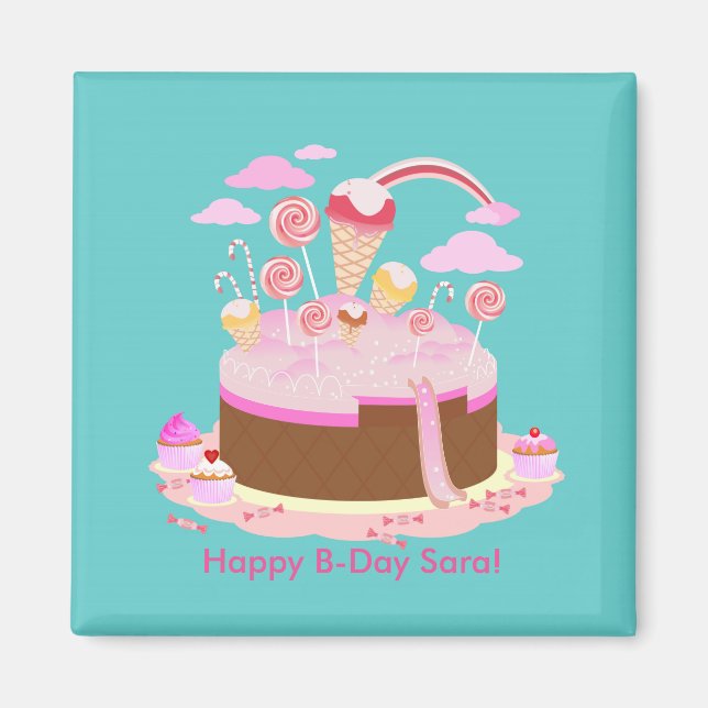 Candy and chocolate cake for birthday party magnet (Front)