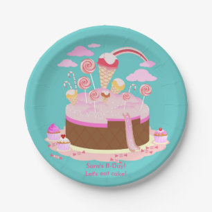 Candy and chocolate cake for birthday party paper plates