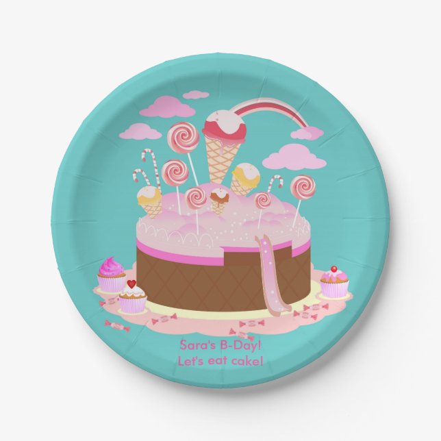 Candy and chocolate cake for birthday party paper plates (Front)