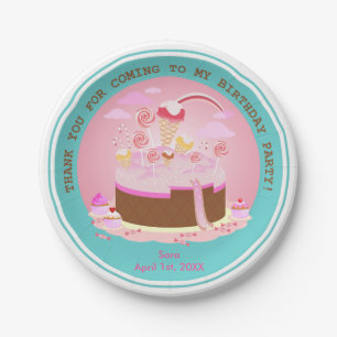 Candy and chocolate cake for birthday party paper plates