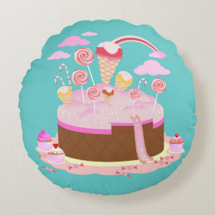 Candy and chocolate cake for birthday party round pillow