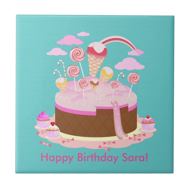 Candy and chocolate cake for birthday party tile (Front)
