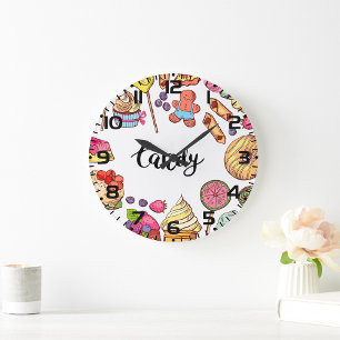 Candy and Dessert Doodles Sweet Treats Pattern Large Clock