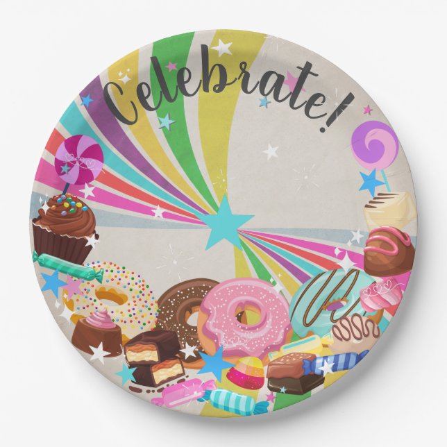Candy and Rainbow Swirl party Paper Plates (Front)