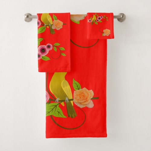 Candy Apple _  Bird  Yellow Rose Bath Towel Set