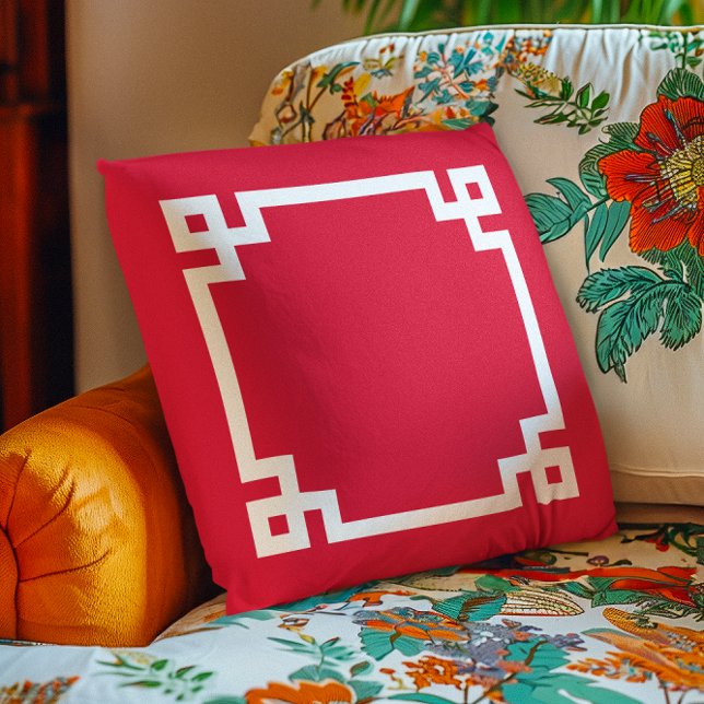 Candy Apple Red and White Greek Key Border Throw Pillow (Candy Apple Red and White Greek Key Border Throw Pillow)