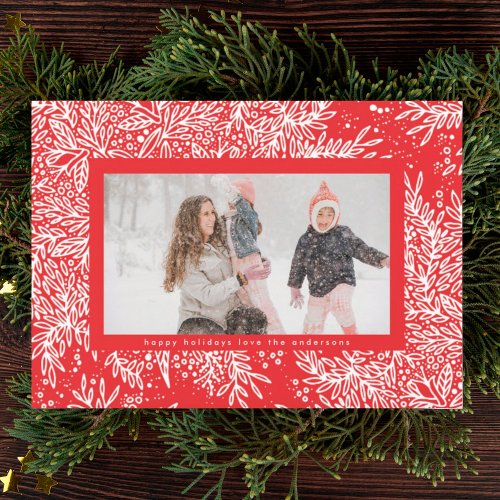 Candy Apple Red  Ice White Snowflake Photo Border Holiday Card