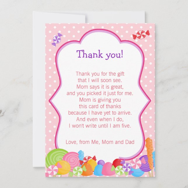 Candy Baby Girl Shower Thank You Card (Front)