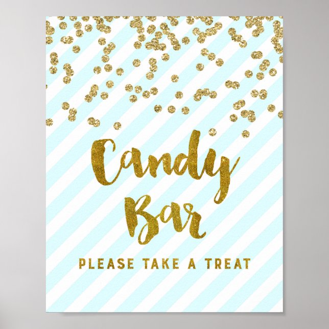 Candy Bar Baby Shower Sign Blue Gold Stripes (Front)