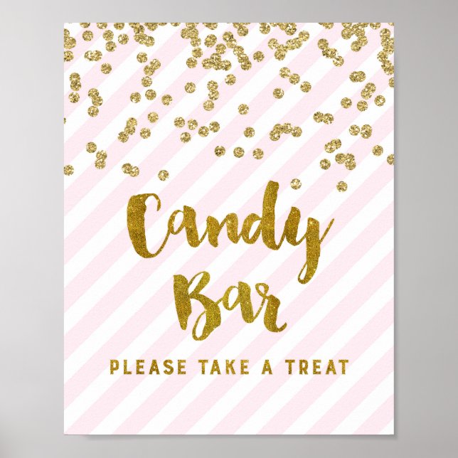 Candy Bar Baby Shower Sign Pink Gold Stripes (Front)
