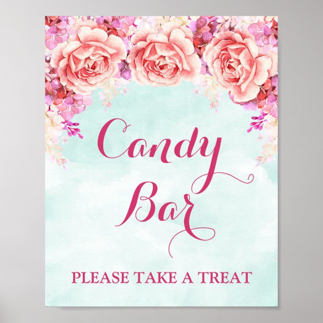 Candy Bar Sign Blue Pink Watercolor Flowers (Front)