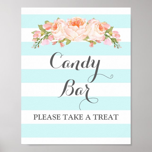 Candy Bar Wedding Sign Blue Flowers Stripes (Front)