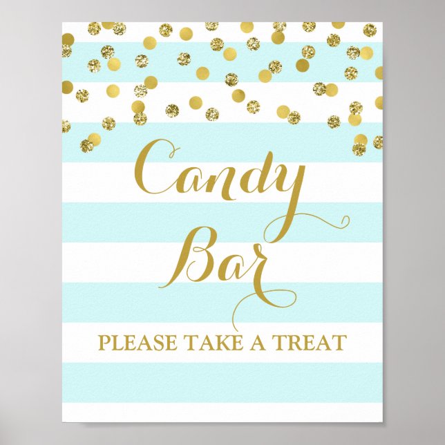 Candy Bar Wedding Sign Blue Stripe Gold Confetti (Front)