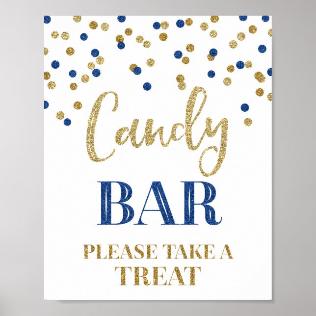 Candy Bar Wedding Sign Gold Navy Blue Confetti (Front)