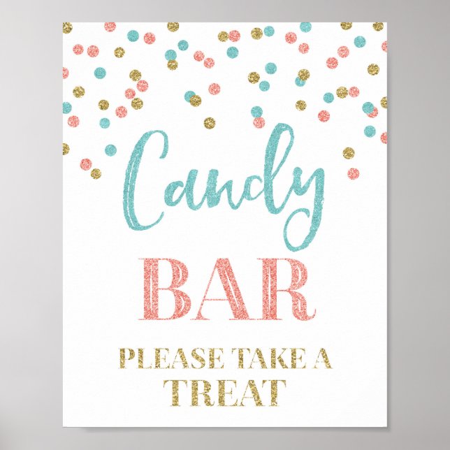 Candy Bar Wedding Sign Gold Teal Coral Confetti (Front)