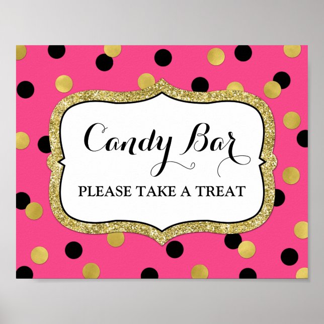 Candy Bar Wedding Sign Pink Black Gold Confetti (Front)