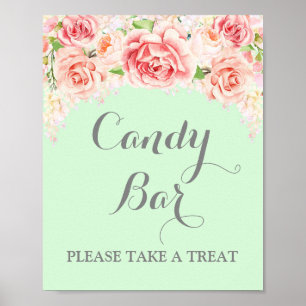 Candy Bar Wedding Sign Pink Watercolor Floral Mint