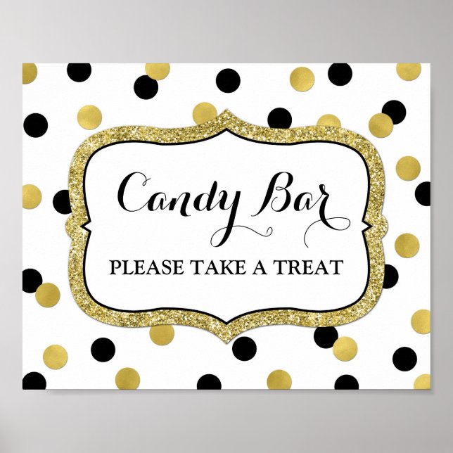 Candy Bar Wedding Sign White Black Gold Confetti (Front)