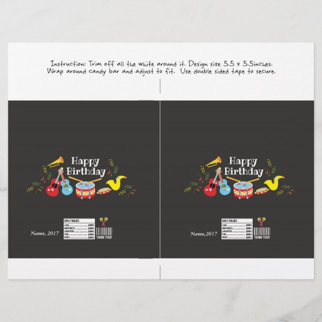 candy bar wrapper happy birthday kids music party (Front)
