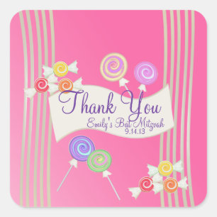 Candy Bat Mitzvah Favor Thank You Dark Pink Square Sticker
