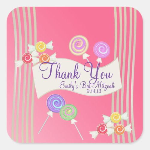 Candy Bat Mitzvah Favor Thank You Watermelon Pink Square Sticker