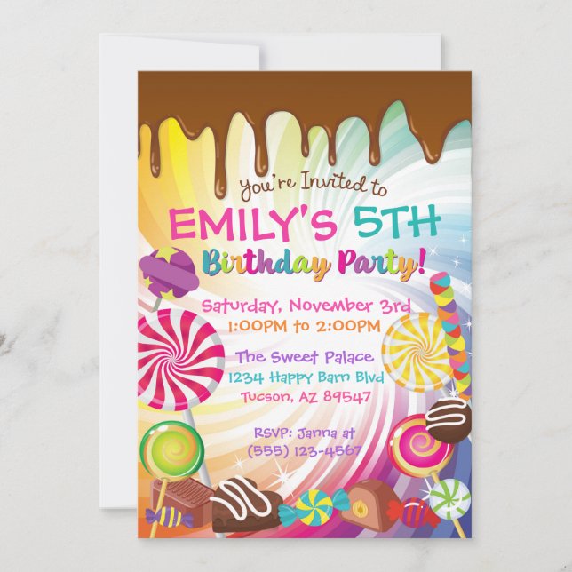 Candy Birthday Party Invitations Sweets Lollipops (Front)