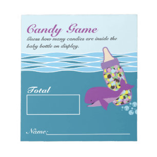 Candy Bottle Guessing Game, M&M, Whale Baby Shower Notepad