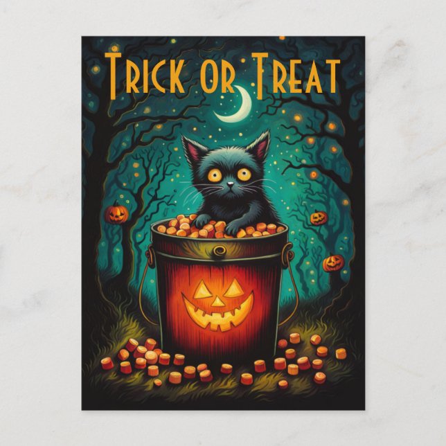 Candy Bucket And Black Cat Halloween Postcard (Front)