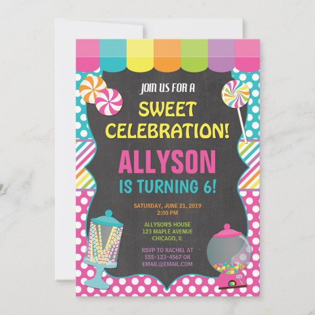 Candy candyland rainbow birthday party girl invitation (Front)