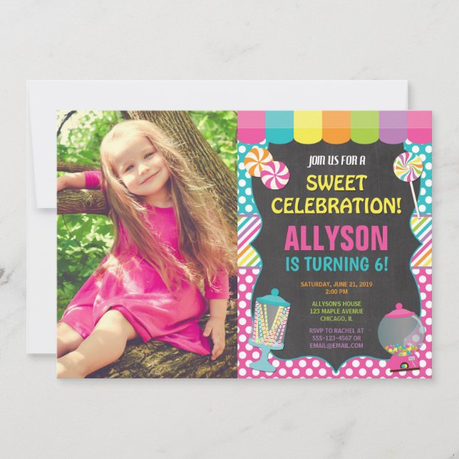 Candy candyland rainbow birthday party photo invitation (Front)