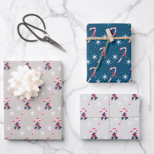 Candy Cane and Berry Snowflakes Christmas Pattern Wrapping Paper Sheets