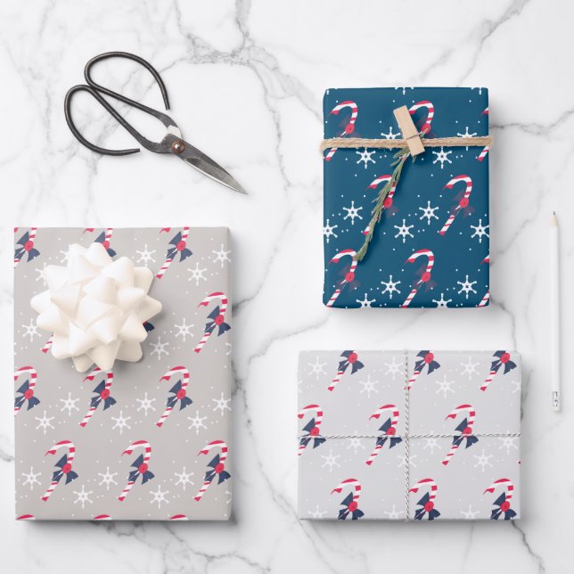 Candy Cane and Berry Snowflakes Christmas Pattern Wrapping Paper Sheets (Front)