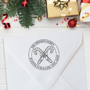 Candy Cane and Bow Family Emblem + Address Rubber Stamp