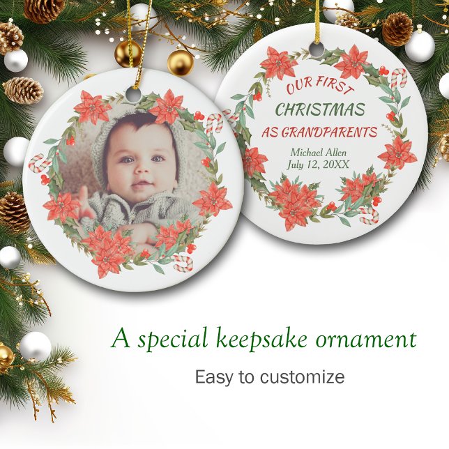 Candy Cane and Poinsettia Wreath Photo Ceramic Ornament (Creator Uploaded)