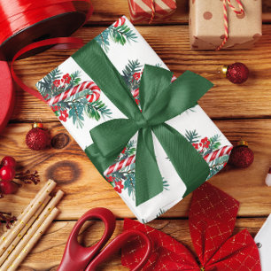 Candy Cane and Winter Greenery Christmas Wrapping Paper