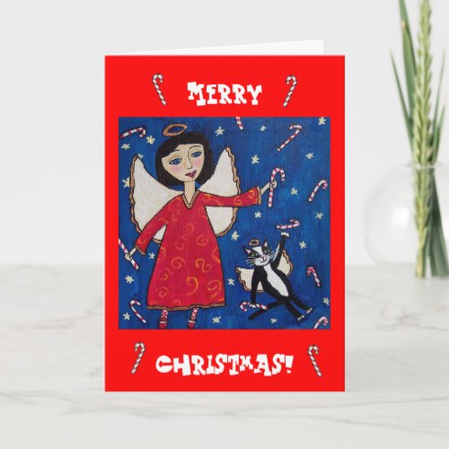 Candy Cane Angel and Cat Christmas Card