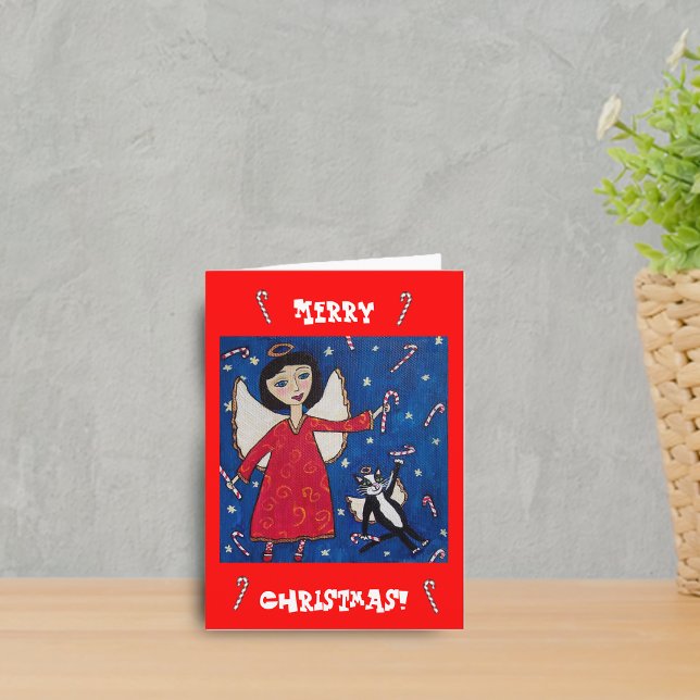 Candy Cane Angel and Cat Christmas Card (Angel Red dress cat angel floating night sky with candy canes on red Merry Christmas greeting card.)