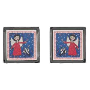 Candy Cane Angel Cat Christmas Folk Art Gunmetal Finish Cufflinks