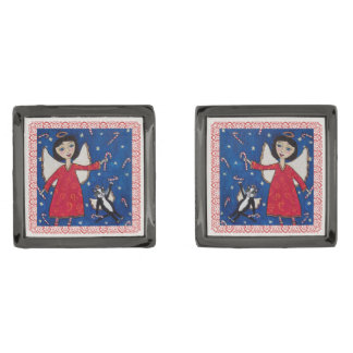 Candy Cane Angel Cat Christmas Folk Art Gunmetal Finish Cufflinks