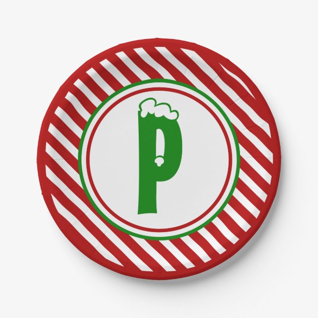Candy Cane Basics Red/White Monogram  Paper Plates (Front)