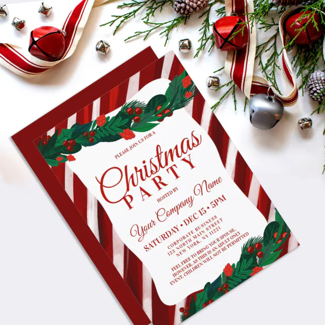 Candy Cane Berry Leaves Corporate Christmas Invita Invitation | Zazzle