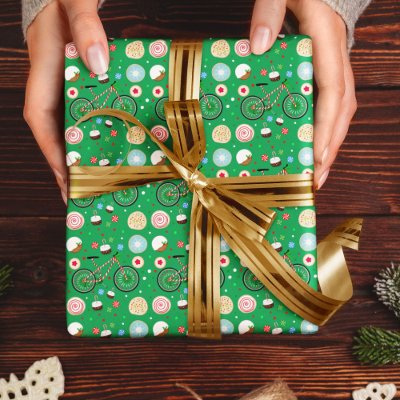 Candy Cane Bicycle with Christmas Treats Green Wrapping Paper
