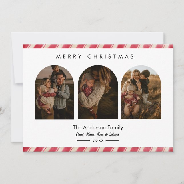 Candy Cane Border Modern 3 Arch Photo Holiday Card (Front)