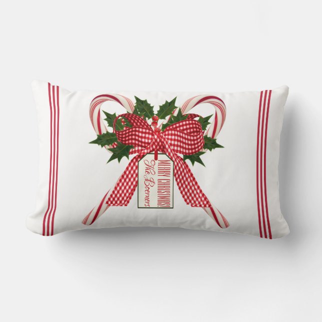 Candy Cane Bouquet Merry Christmas Family Name Lumbar Pillow (Front)
