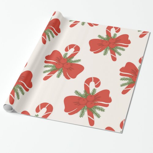 Candy Cane  Bow Cream Ivory Holiday Christmas Wrapping Paper