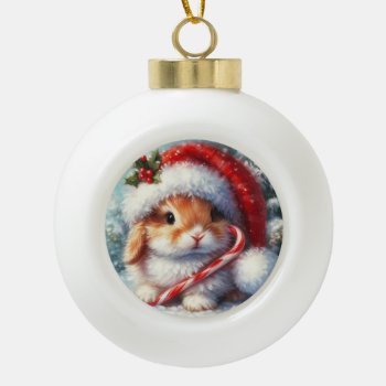Candy Cane Bunny Rabbit  Ceramic Ball Christmas Ornament by YellowSnail at Zazzle