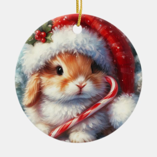 Candy Cane Bunny Rabbit Christmas  Ceramic Ornament (Front)