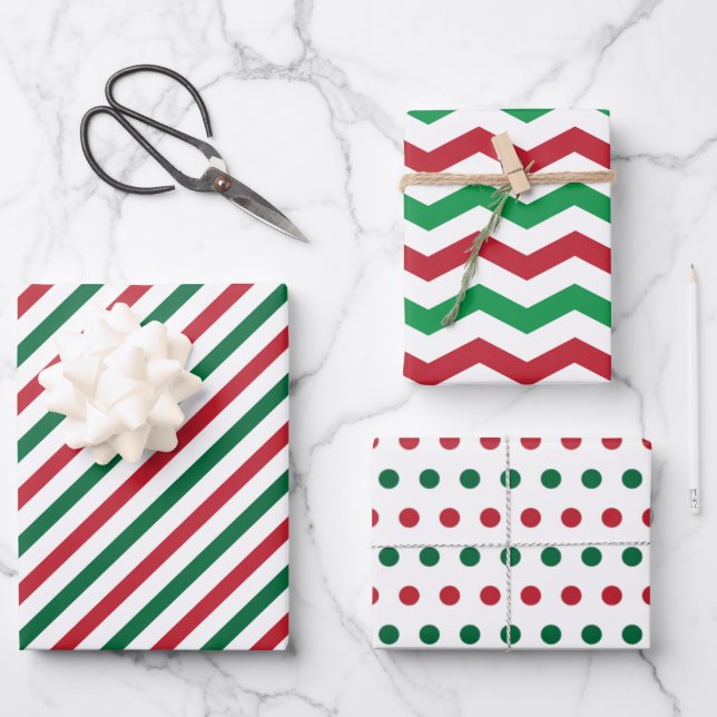 Candy Cane Chevron Stripes & Polka Dots Pattern Wrapping Paper Sheets (Front)
