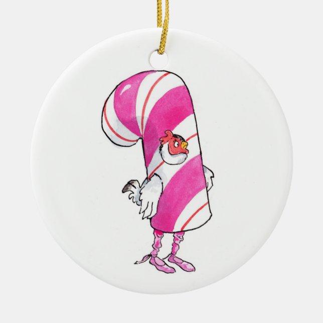 Candy Cane chicken Ceramic Christmas Ornament (Front)