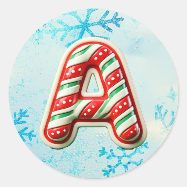 Candy Cane Christmas "A" Sticker, Festive Stripes Classic Round Sticker (Front)